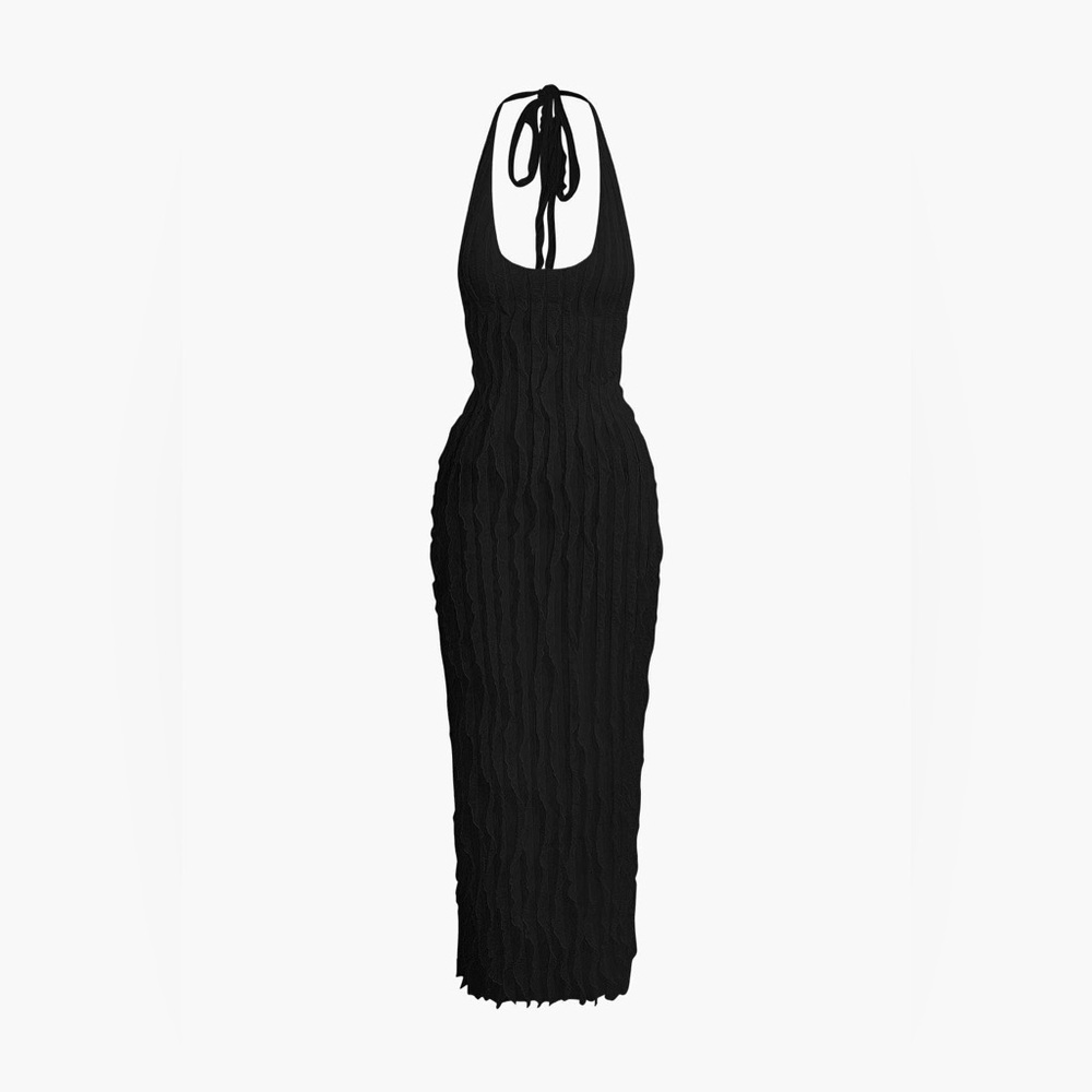 NWT Micas Sheer Ruffle Texture Halter Backless Maxi Dress size XS
